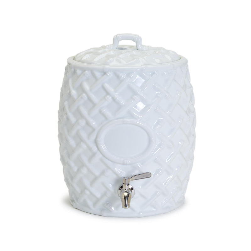 White ceramic beverage dispenser with embossed bamboo-style pattern and front spigot