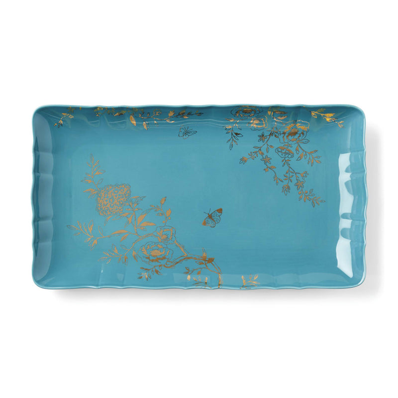 Lenox Sprig & Vine serving tray, turquoise rectangle with gold botanical branch pattern.