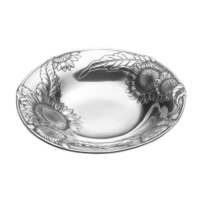 Wilton Armetale sunflower serving bowl, round metal dish with embossed floral pattern