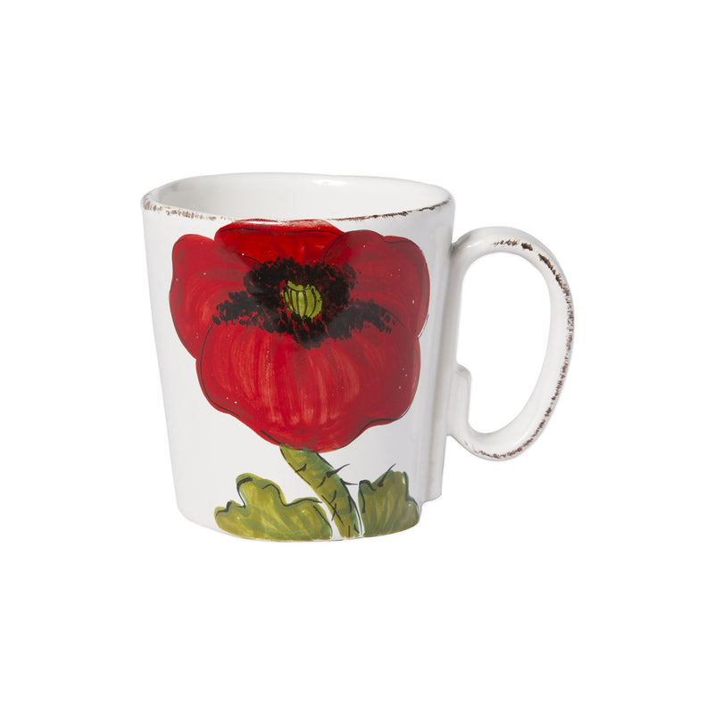 Vietri Lastra poppy flower mug, white ceramic with red poppy and side handle