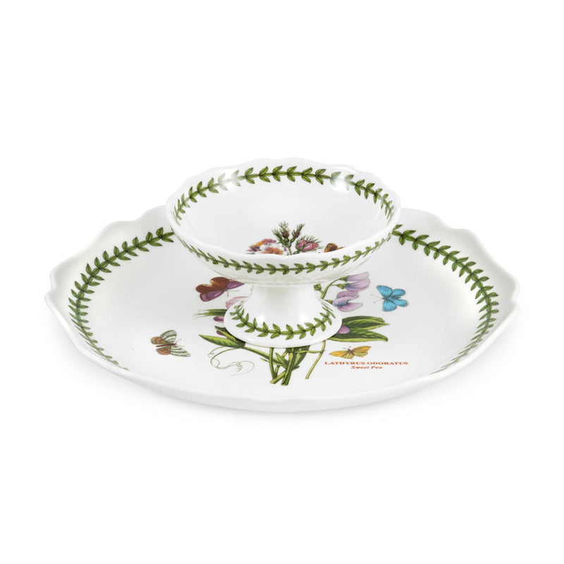 Portmeirion Botanic Garden chip and dip set, white floral bowl on decorative tray