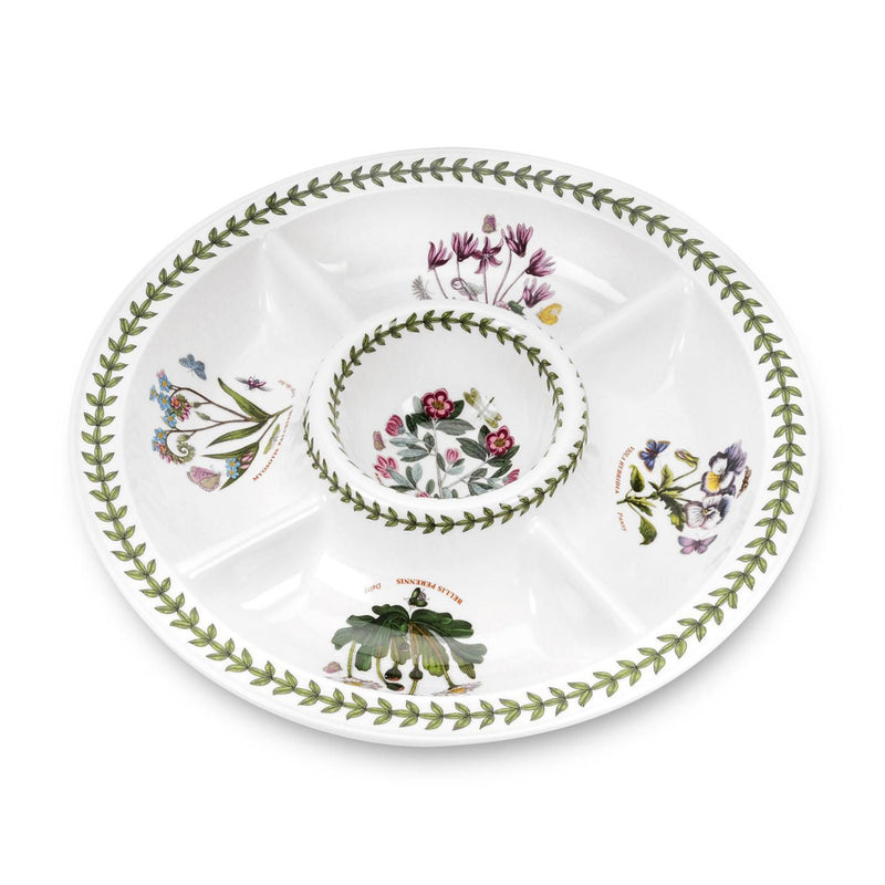 Portmeirion Botanic Garden chip and dip server, round white tray with floral wells and center bowl