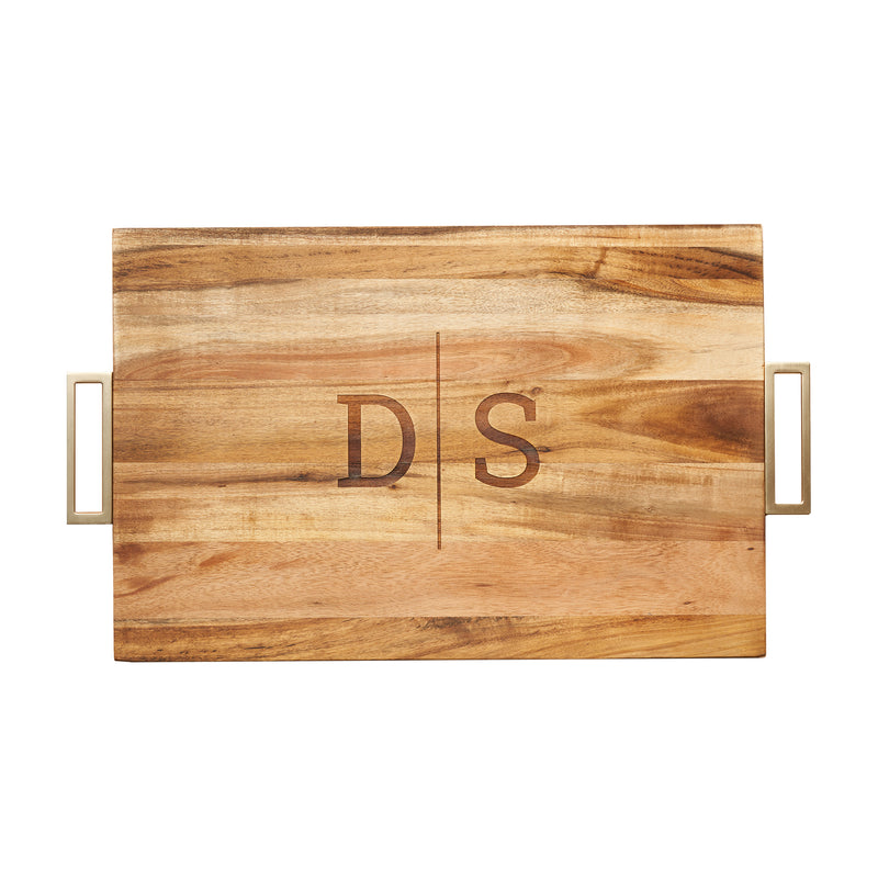 Acacia wood rectangular serving board with two initials DS and gold bar handles