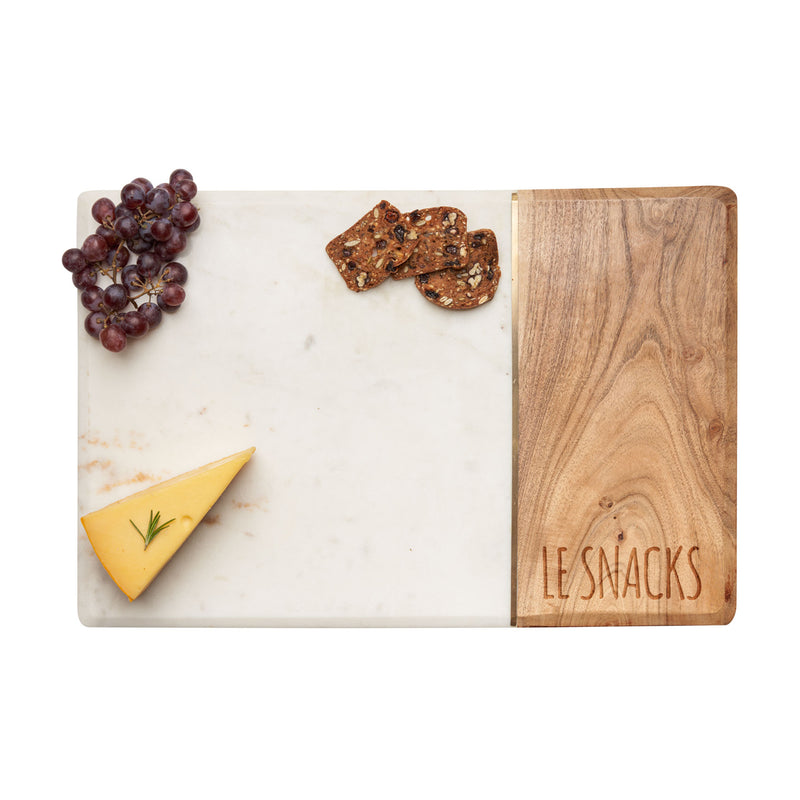 Acacia wood and marble serving board with engraved “LE SNACKS” panel