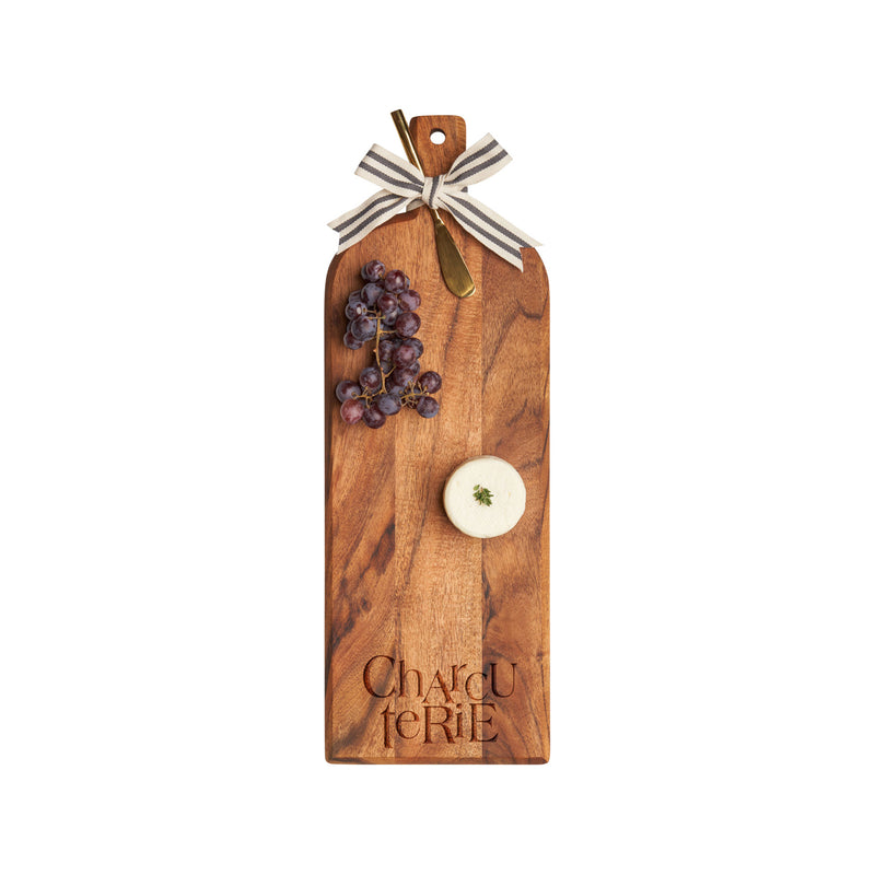 Wood charcuterie serving board with long handle and white marble spreader