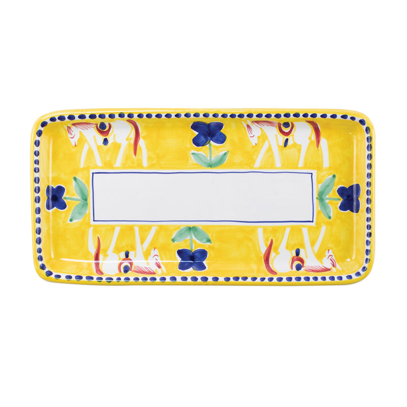 Vietri Campagna Cavallo rectangular ceramic platter, yellow with blue floral border and center panel
