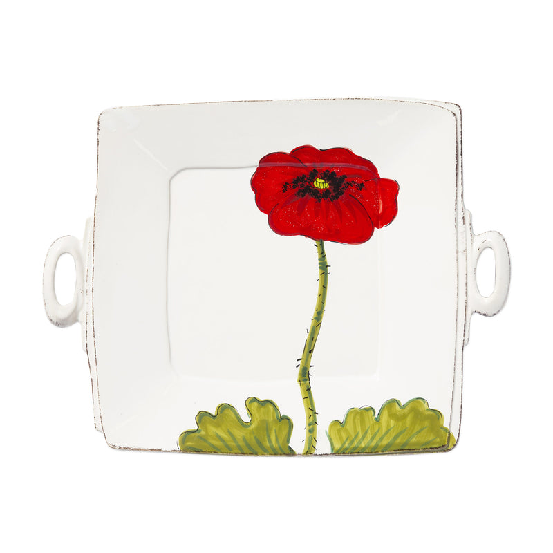 Square ceramic platter with two side handles, white glaze with red poppy flower