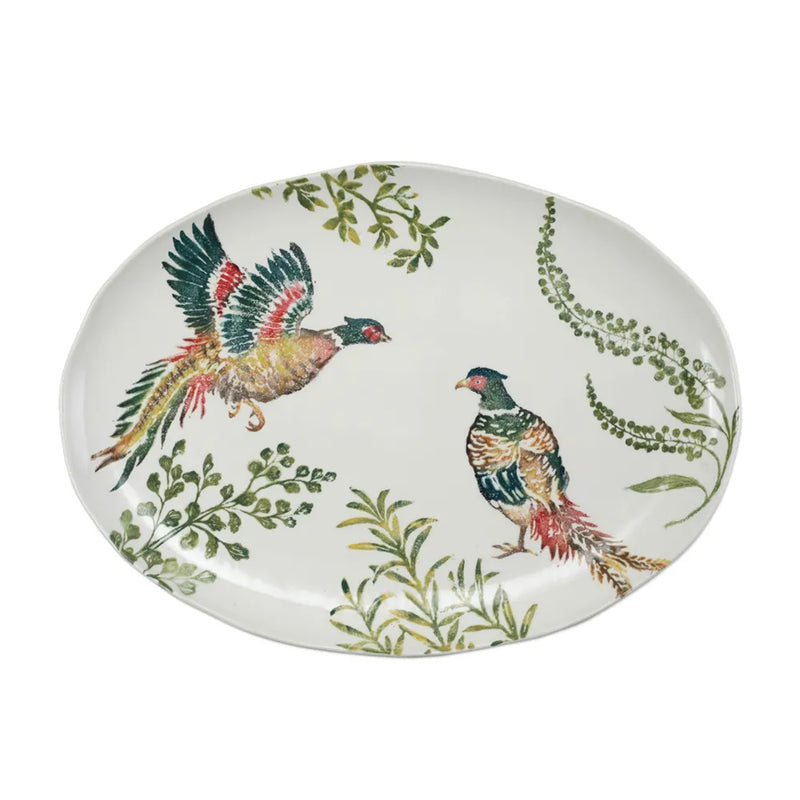 Vietri Fauna large oval platter with pheasant and leafy botanical design