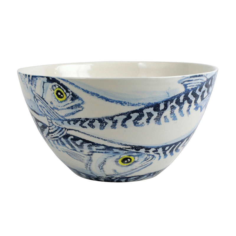 White deep serving bowl with blue fish pattern and green-yellow eye details