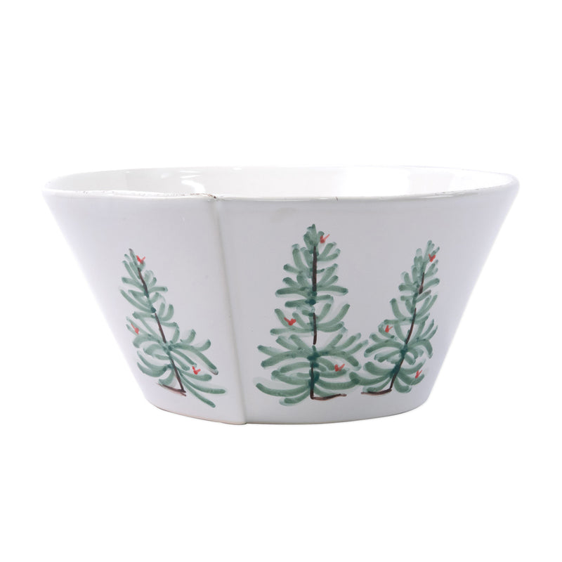 Large stacking serving bowl, white with green holiday branch pattern and red berries