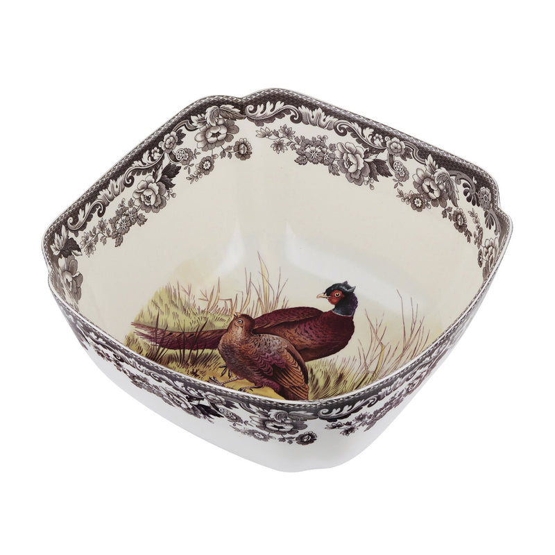 Spode Woodland pheasant deep square serving bowl, white ceramic with game bird print