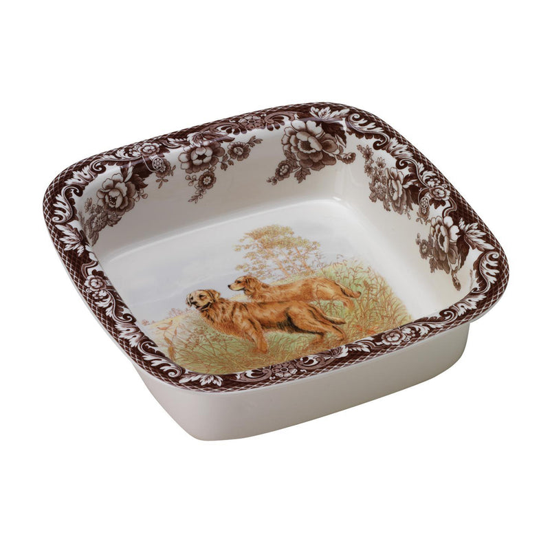 Spode Woodland porcelain square rimmed dish with golden retriever and brown floral border