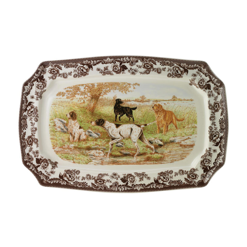 Porcelain rectangular platter with Spode Woodland hunting dogs scene, brown floral border