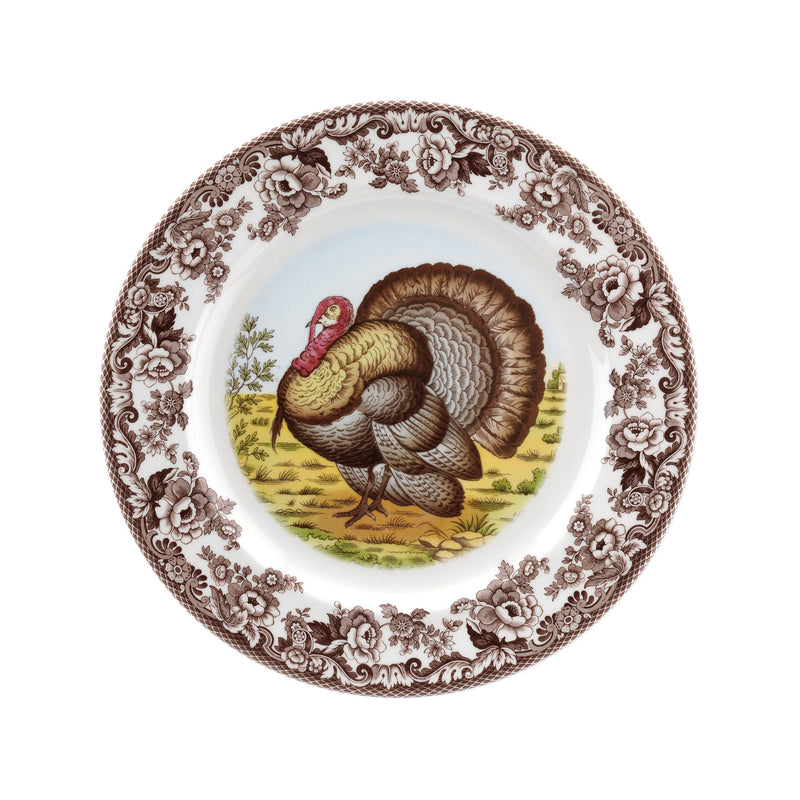 Round porcelain turkey platter with brown floral rim and central turkey illustration