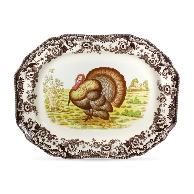 Spode Woodland porcelain octagonal platter with turkey illustration and floral border