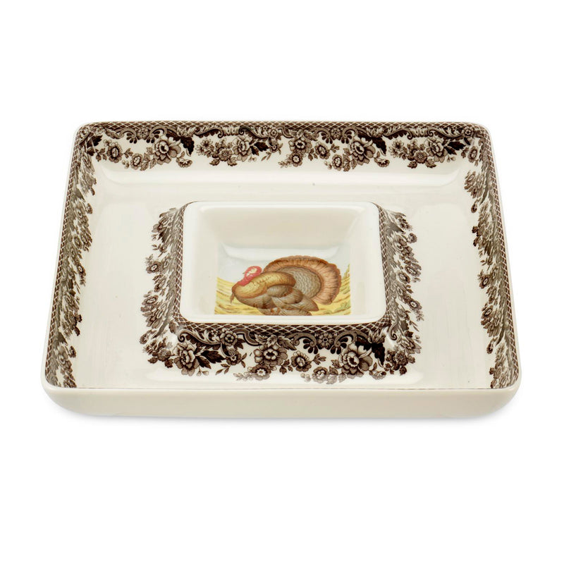 Spode Woodland porcelain square chip and dip dish with turkey center
