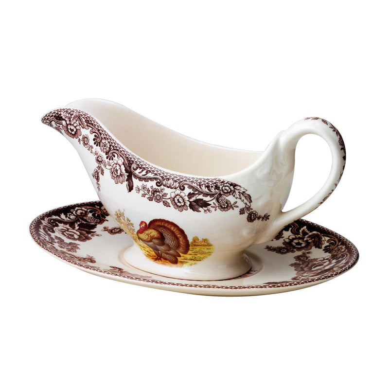 Porcelain turkey sauce boat with matching stand, white with brown floral border