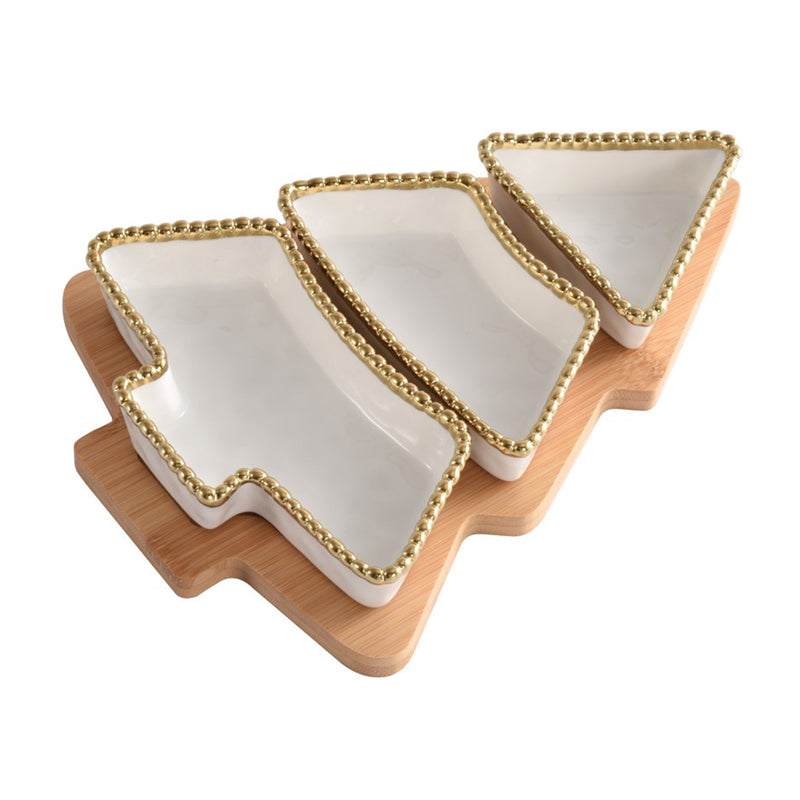 Christmas tree server with three triangular dishes and gold beaded trim on a wooden base