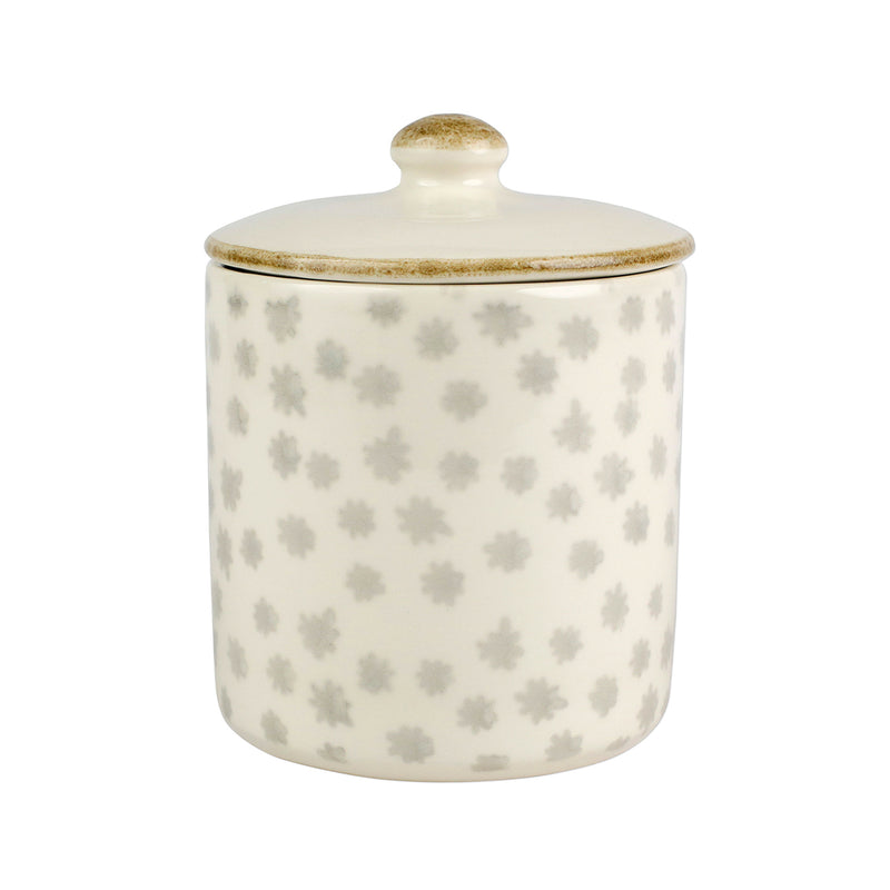 Ceramic flower canister with lid; cream with gray floral pattern, gold speckled knob
