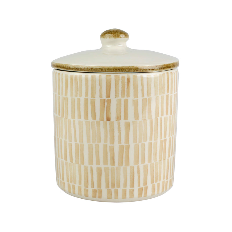 Medium bamboo canister with cream ceramic body, mosaic stripe pattern, round lid knob