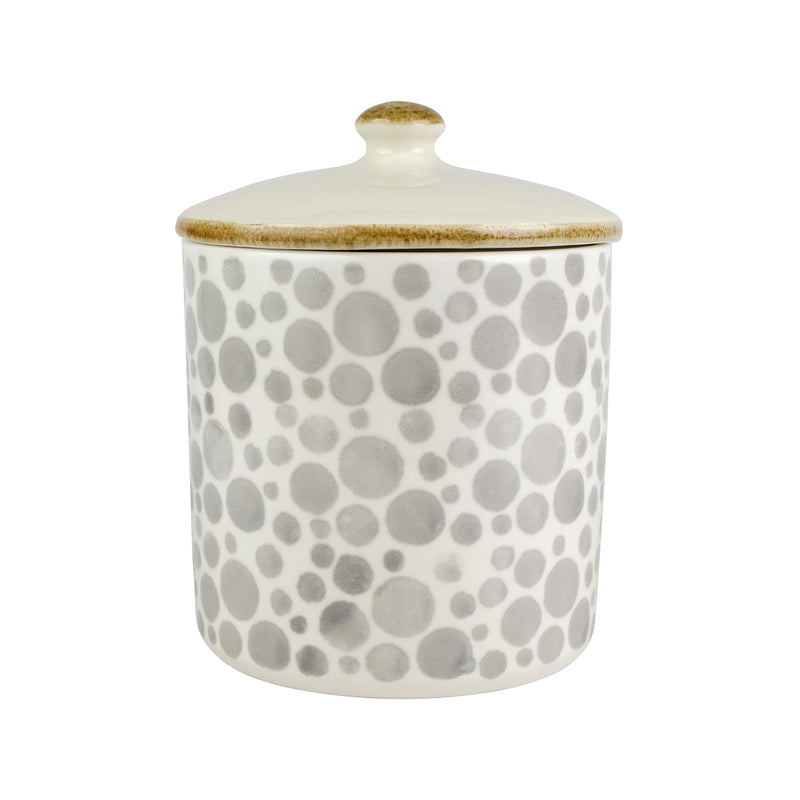 Large ceramic canister with lid, white speckled with gray dots and gold-tone top knob