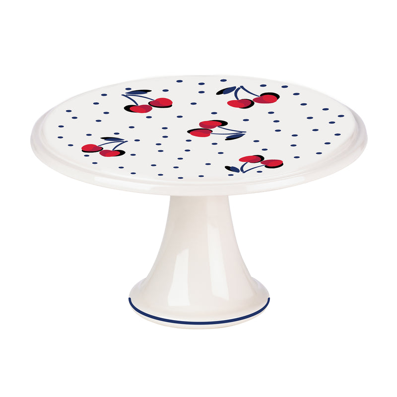 Porcelain cake plate with cherries and blue dot pattern, white pedestal base