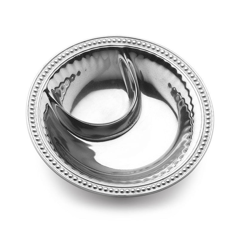Small silver chip-and-dip bowl with beaded rim and flute/pearl design