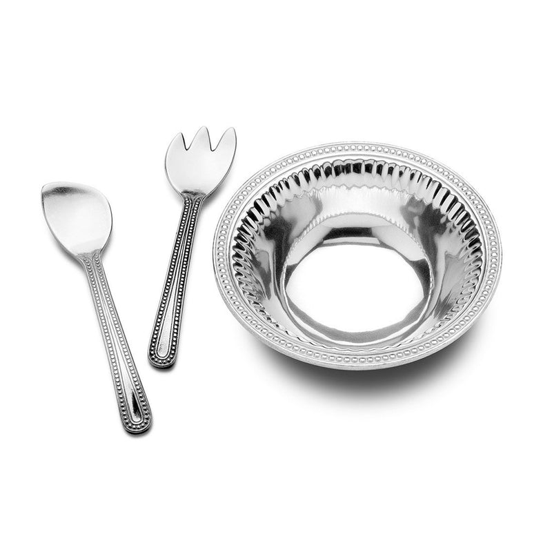 Wilton Armetale 3-piece salad set: round bowl and two spoons, fluted handles, pearl detail