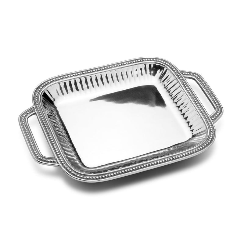 Wilton Armetale rectangular handled tray with fluted border and pearl trim, silver tone