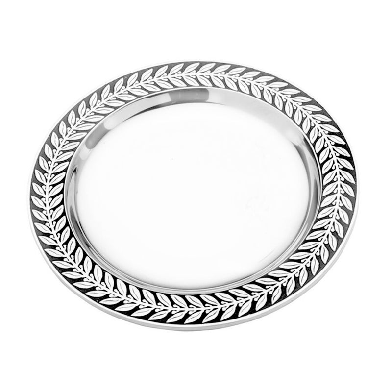 Small round metal tray with raised leaf rim design
