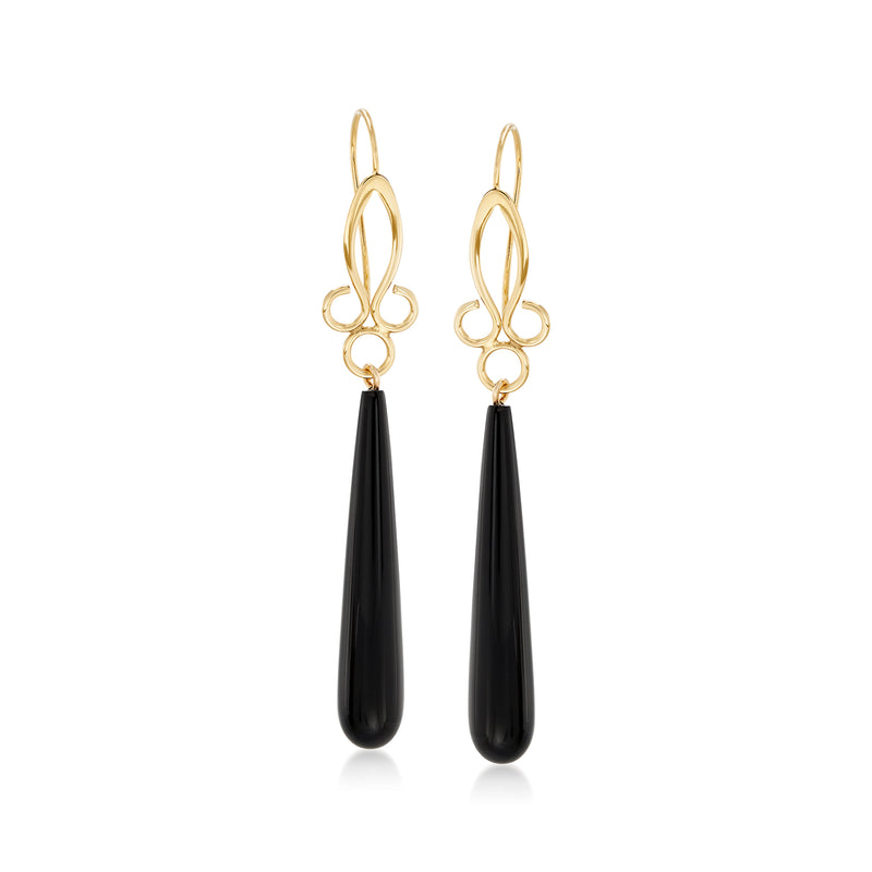 14kt yellow gold scrolled teardrop drop earrings with black onyx stones