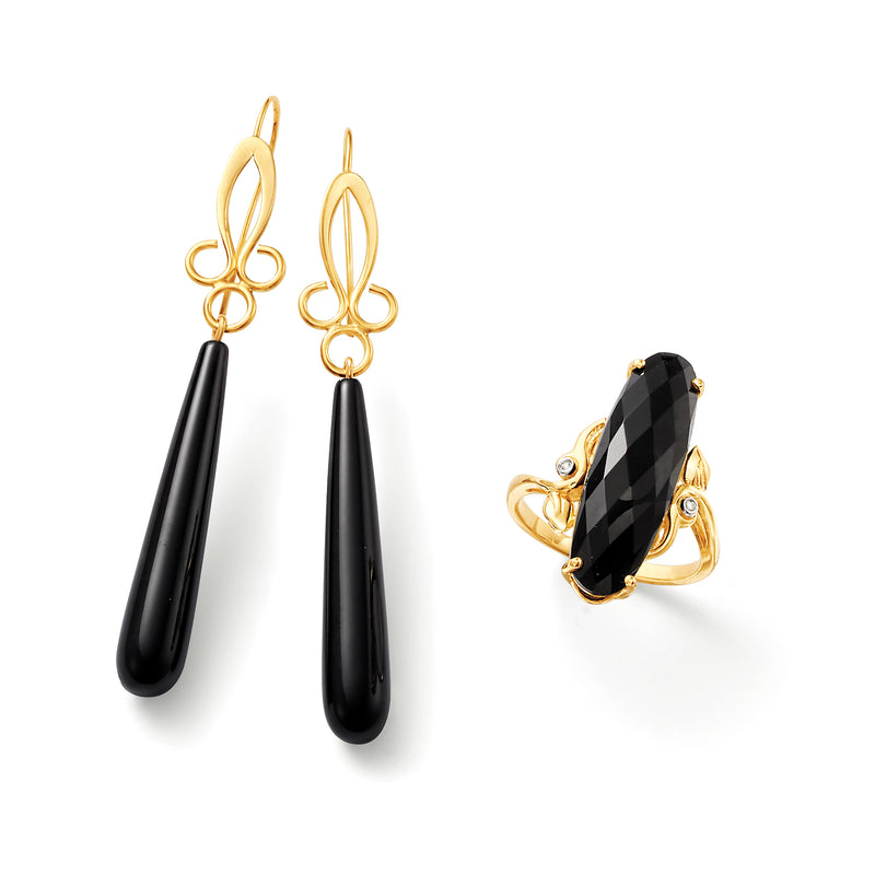 14kt yellow gold scrolled teardrop earrings with elongated black onyx drop stones