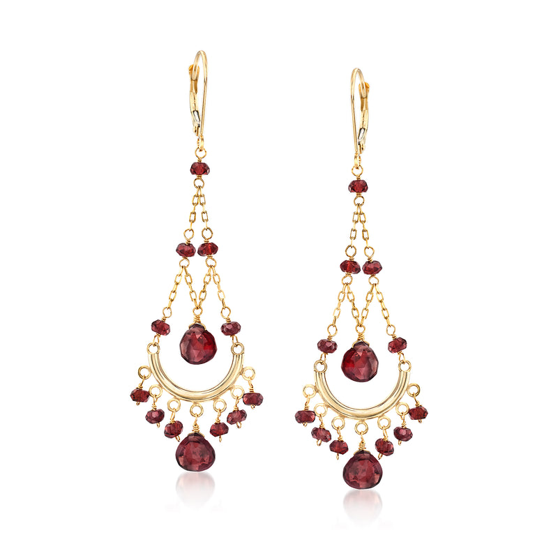 14kt yellow gold leverback chandelier earrings with dark red garnet drops