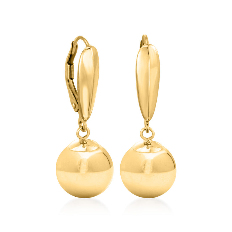 14kt yellow gold ball drop leverback earrings with round dangle beads