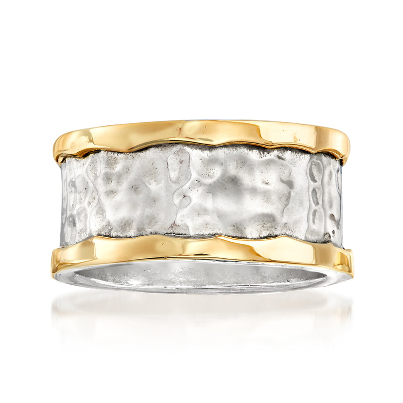 Hammered sterling silver ring with 14kt yellow gold top and bottom bands
