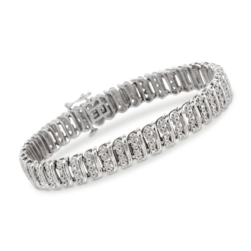 Sterling silver diamond bar bracelet with row of sparkling stones, hinged design