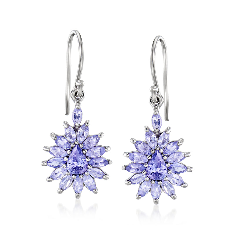Sterling silver drop earrings with oval blue-violet gemstone cluster, lever back.