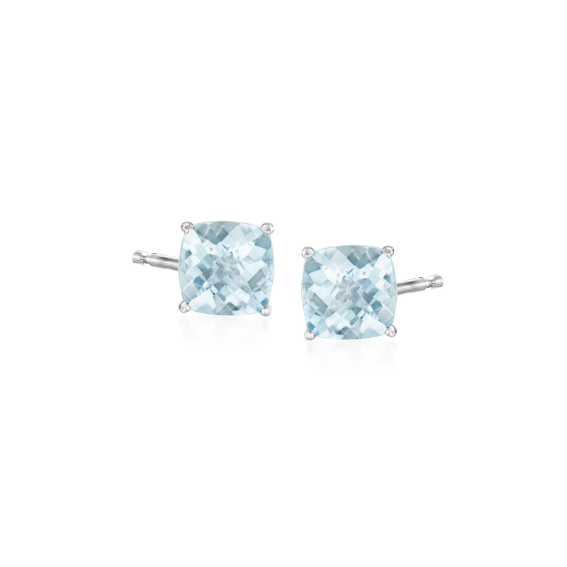 Aquamarine stud earrings in 14kt white gold with cushion-cut light blue gemstones.
