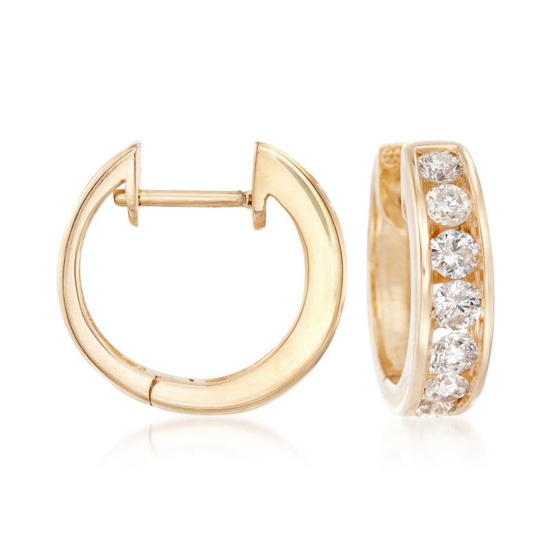 14kt yellow gold half hoop diamond earrings, channel-set stones, hinged back