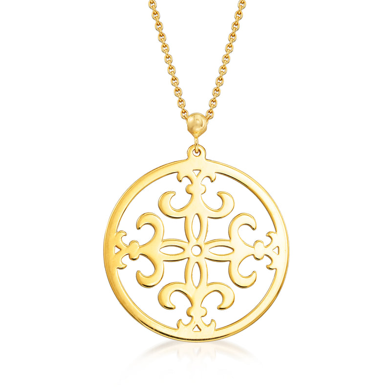 14kt yellow gold fleur-de-lis pendant necklace with round medallion and chain