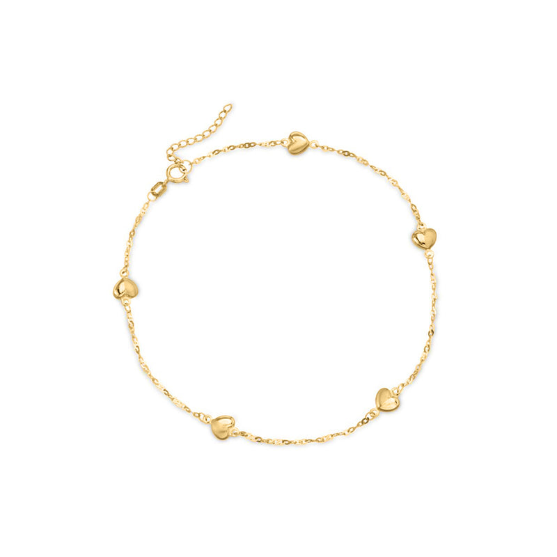 14kt yellow gold heart station anklet with small heart charms along chain