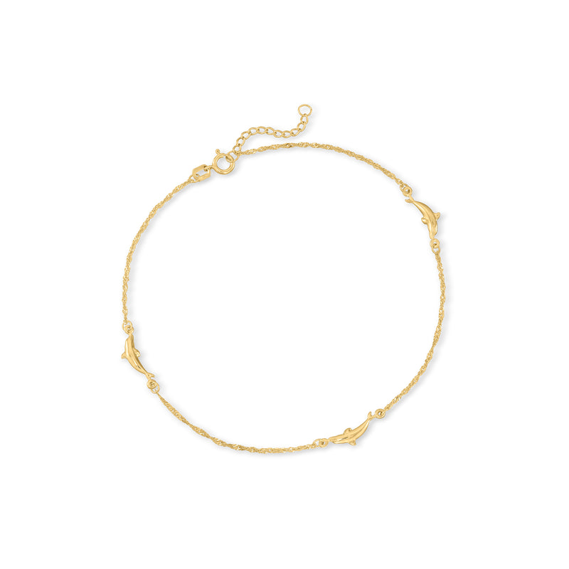 14kt yellow gold dolphin charm anklet with fine link chain