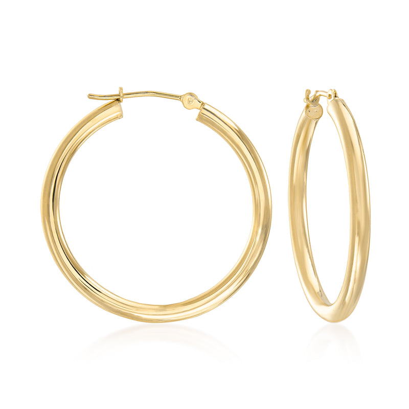 14kt yellow gold hoop earrings with hinged clasp, round profile