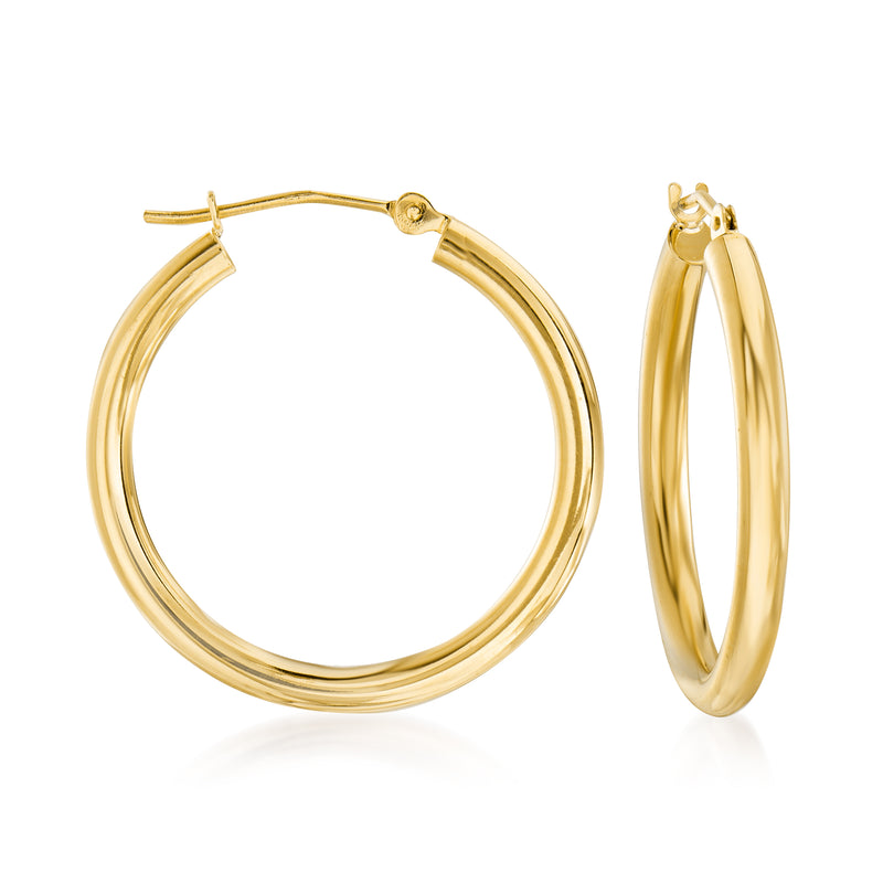 14kt yellow gold hoop earrings with hinged clasp, smooth polished finish