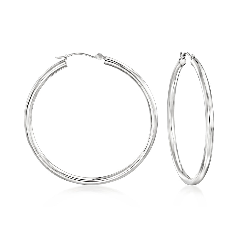 14kt white gold hoop earrings, polished round hoops with hinge closure