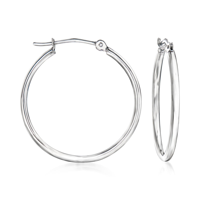 14kt white gold hoop earrings, round hinge clasp closure