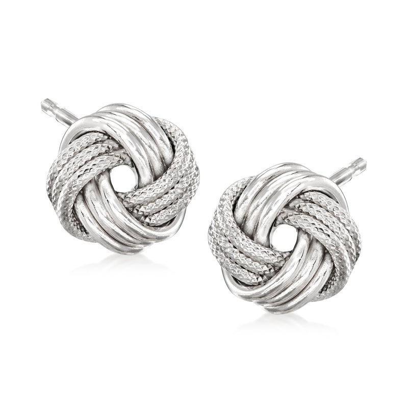 14kt white gold love knot post earrings, twisted rope design