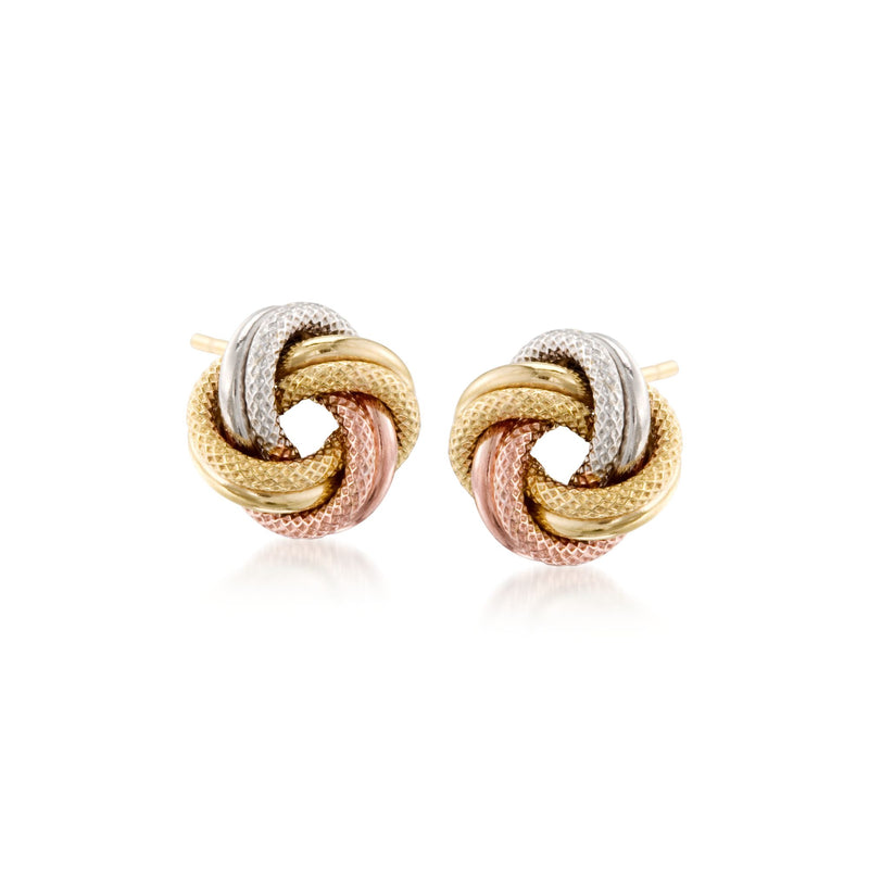 14kt tri-colored gold love knot stud earrings with braided rope-like design