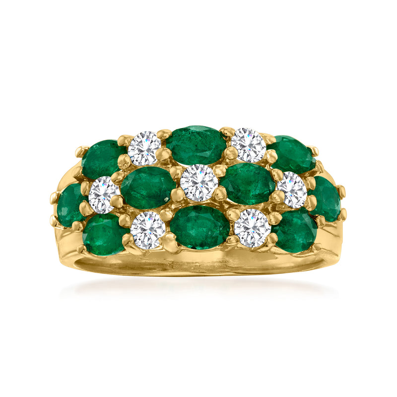 14kt yellow gold ring with oval emeralds and round diamonds, clustered flower design