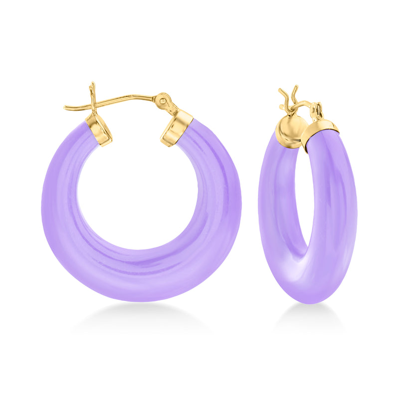 Lavender oval hoop earrings with 14k yellow gold hinges, pair front view